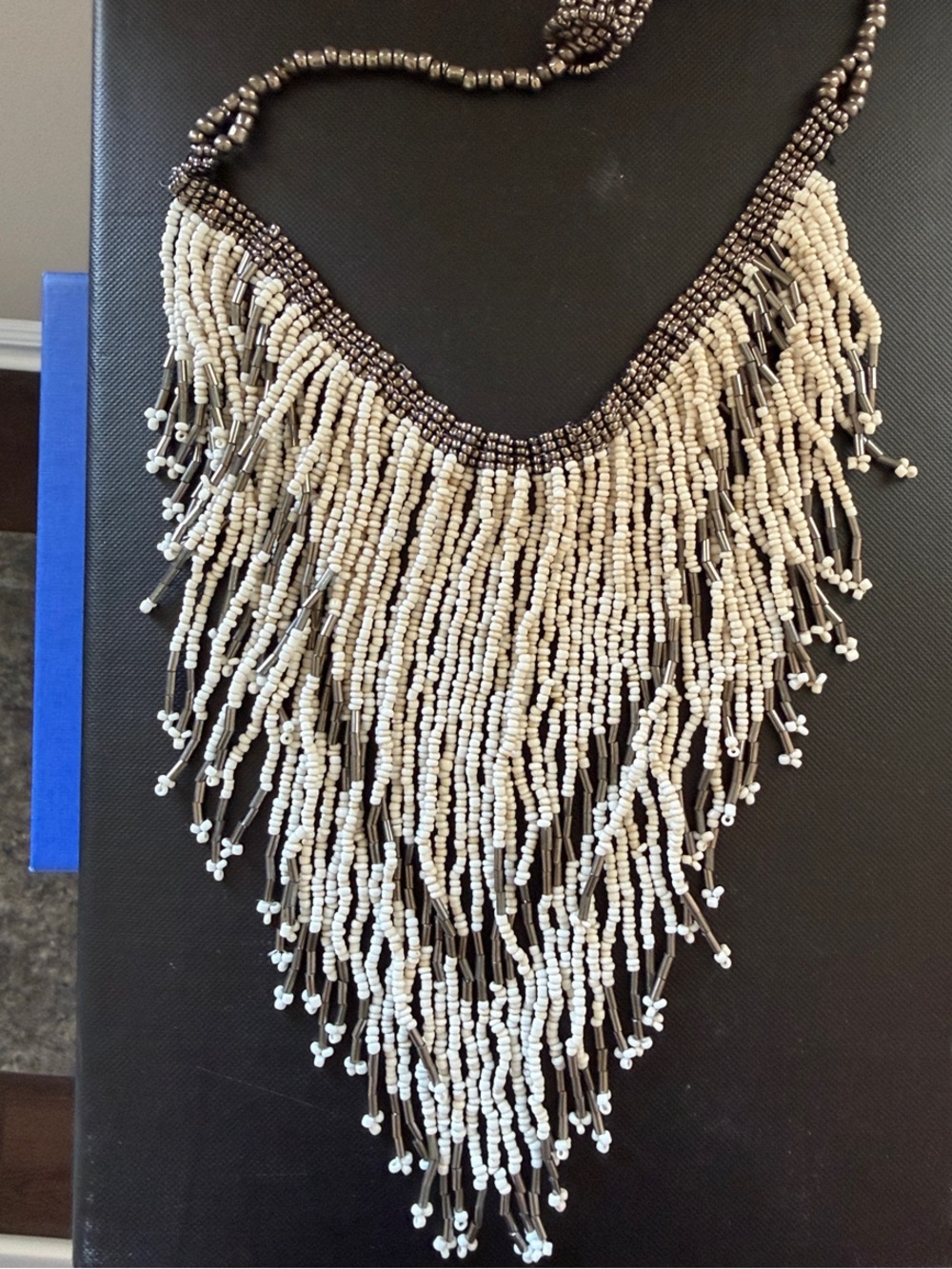 Boho Fringe Seed Bead Necklace - Cream and Dark Brown